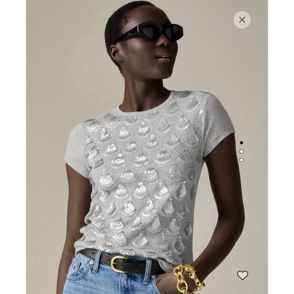 J Crew X-Large NWT Tee Shirt Sequins Gray Pullover Ribbed Short Sleeve Womens